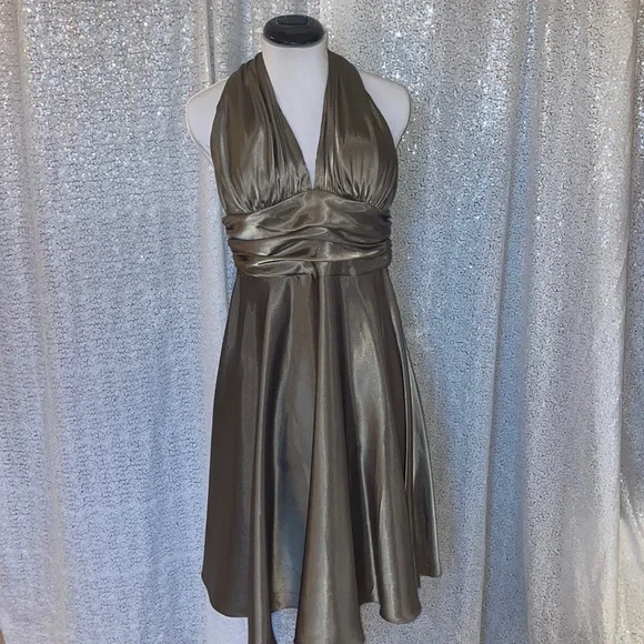 Fabulous Olive Satin Halter Dress - Picture 1 of 5